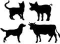 animal silhouettes: cat, cow, dog, pig